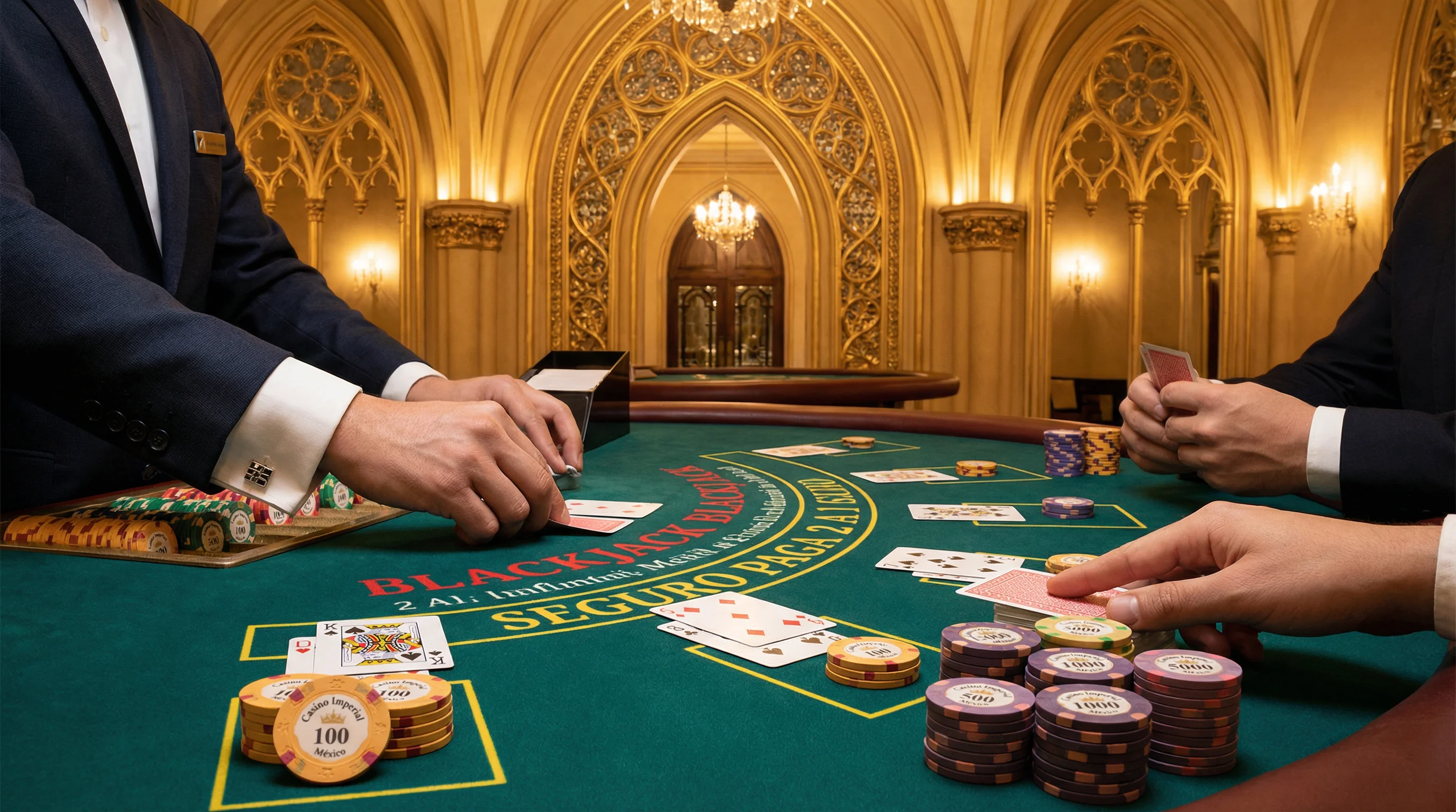 Mesa de blackjack profesional con crupier y jugadores en Winpot Casinoon Line